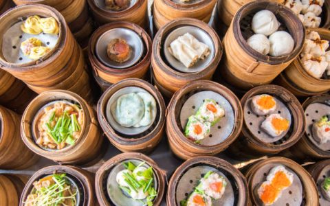 yumcha, dim sum in bamboo steamer, chinese cuisine